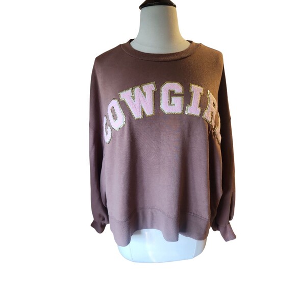 Judith March Oversized Cowgirl Sweatshirt Womens Small Brown Pink Cozy Lounge - Picture 1 of 9